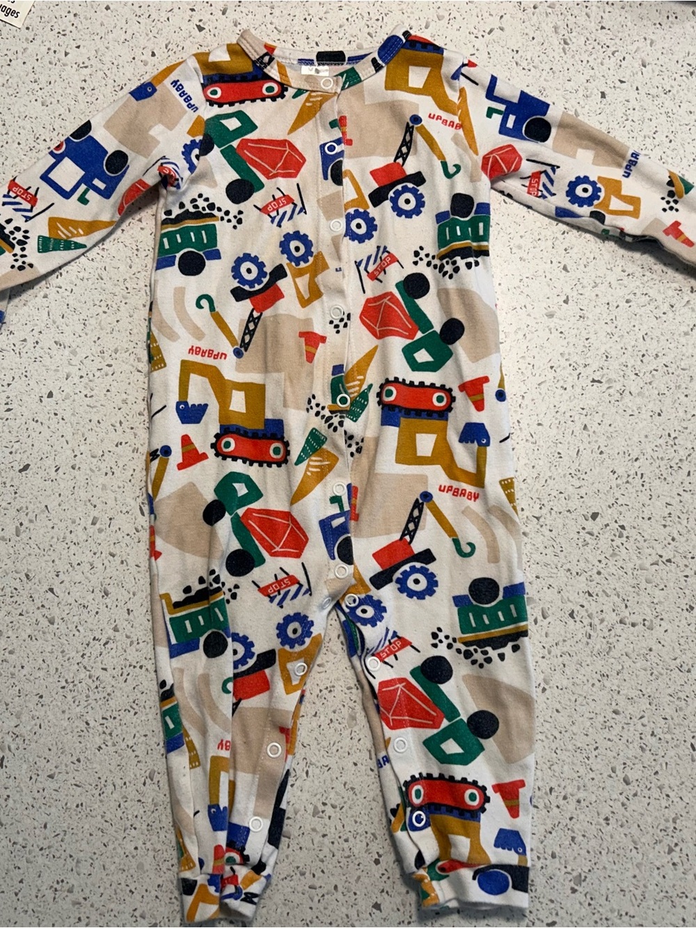 Up baby Cream Footed Pajamas with Multicolor Construction Vehicles